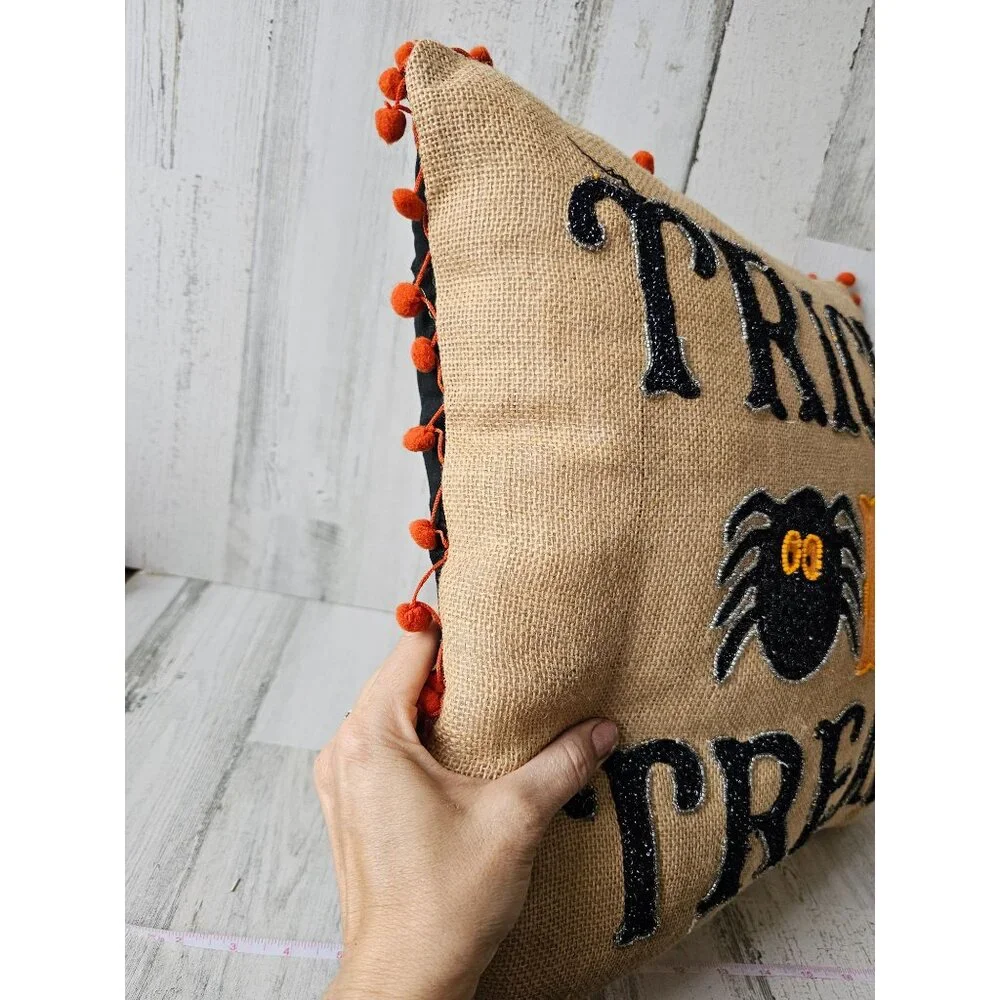Trick or treat‎ Halloween beaded pillow burlap orange unique shabby chic spider